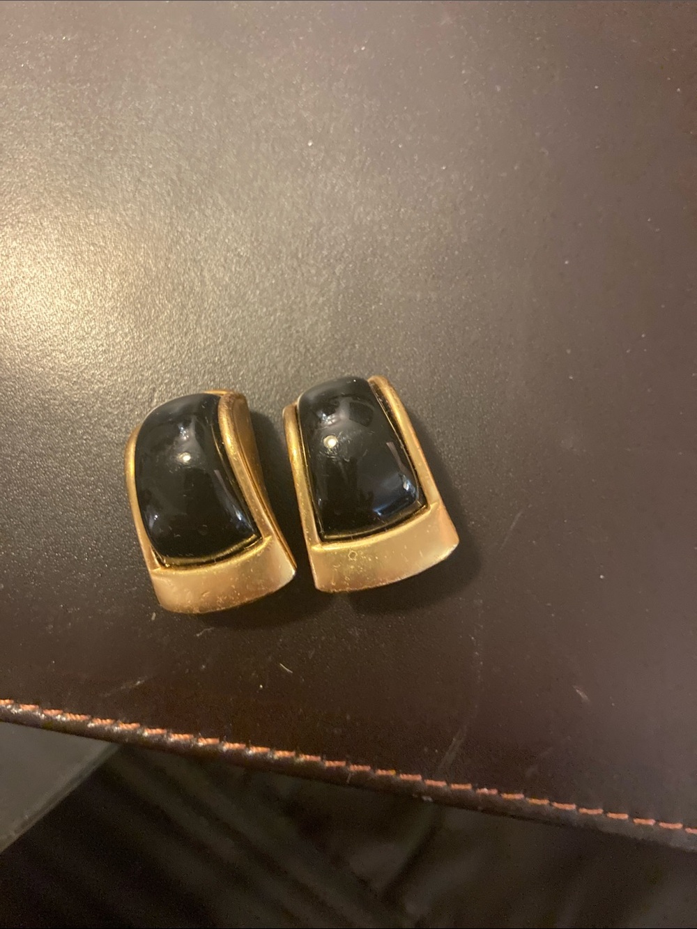 Gold Tone Black Cabochon Clip Earrings